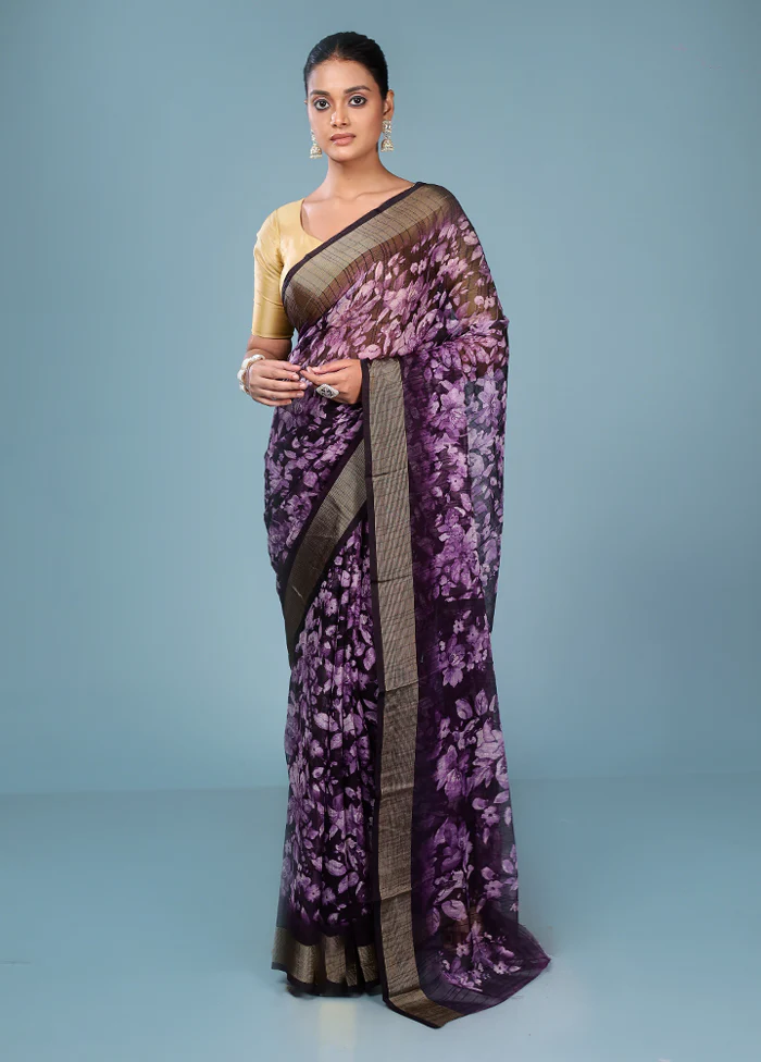 Purple Chiffon Silk Saree With Blouse Piece - Image 2
