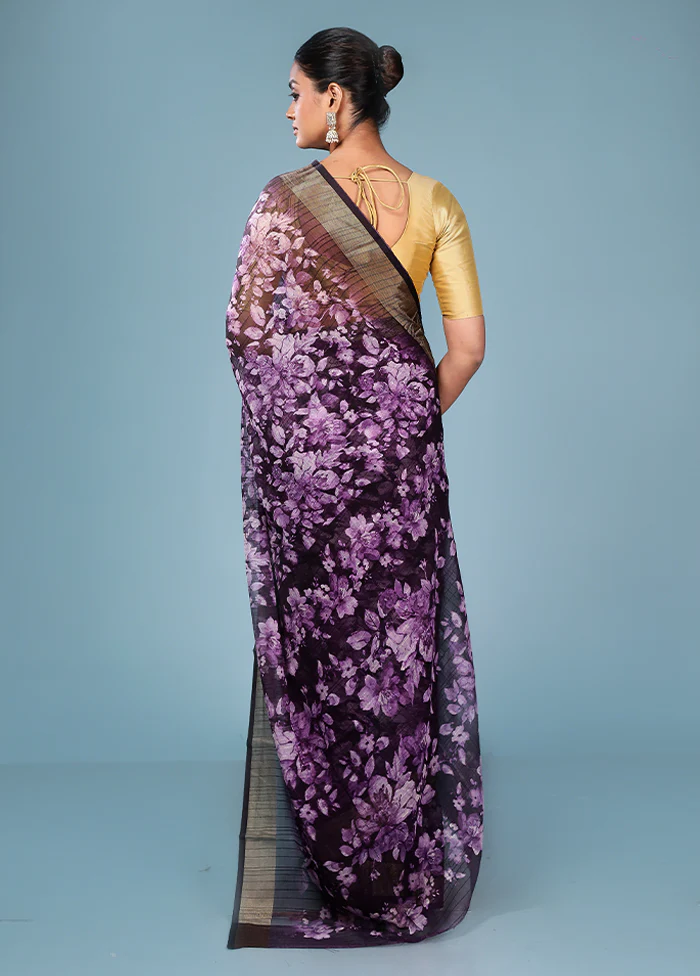 Purple Chiffon Silk Saree With Blouse Piece - Image 3