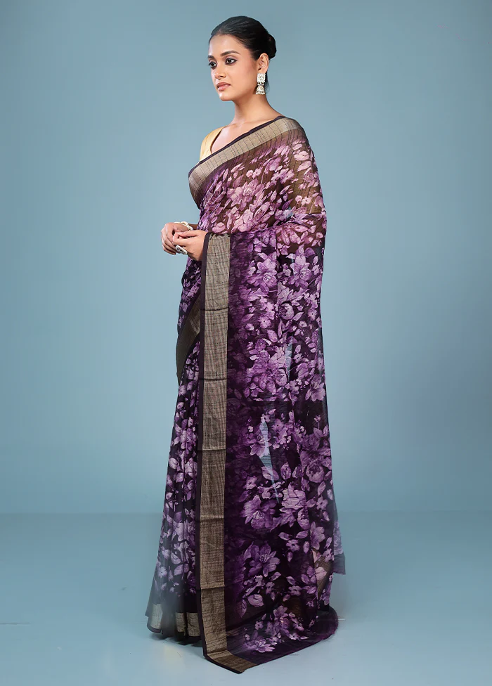 Purple Chiffon Silk Saree With Blouse Piece - Image 4