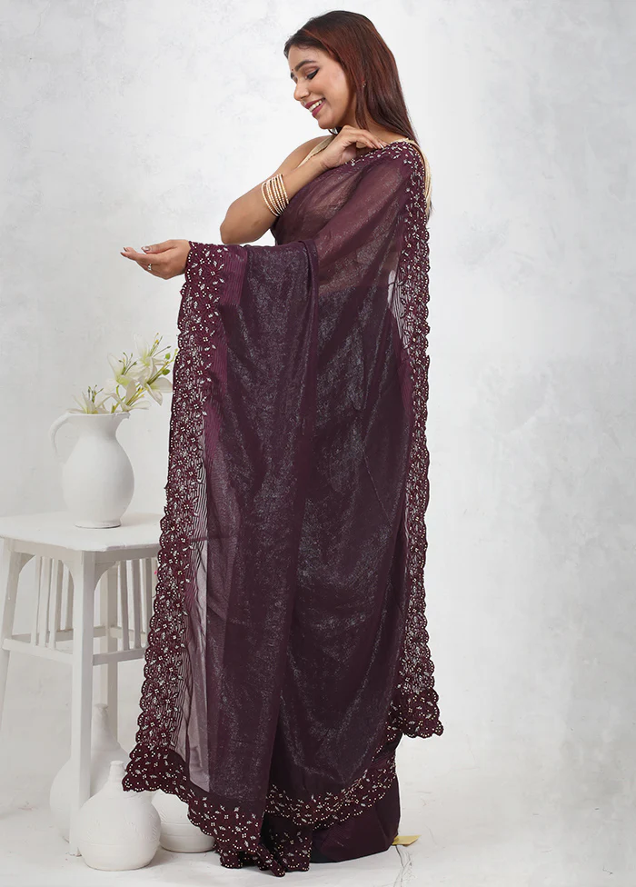 Purple Chiffon Silk Saree With Blouse Piece - Image 4