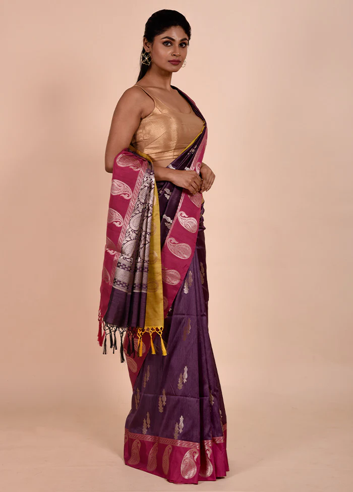 Purple Cotton Saree With Blouse Piece - Image 4