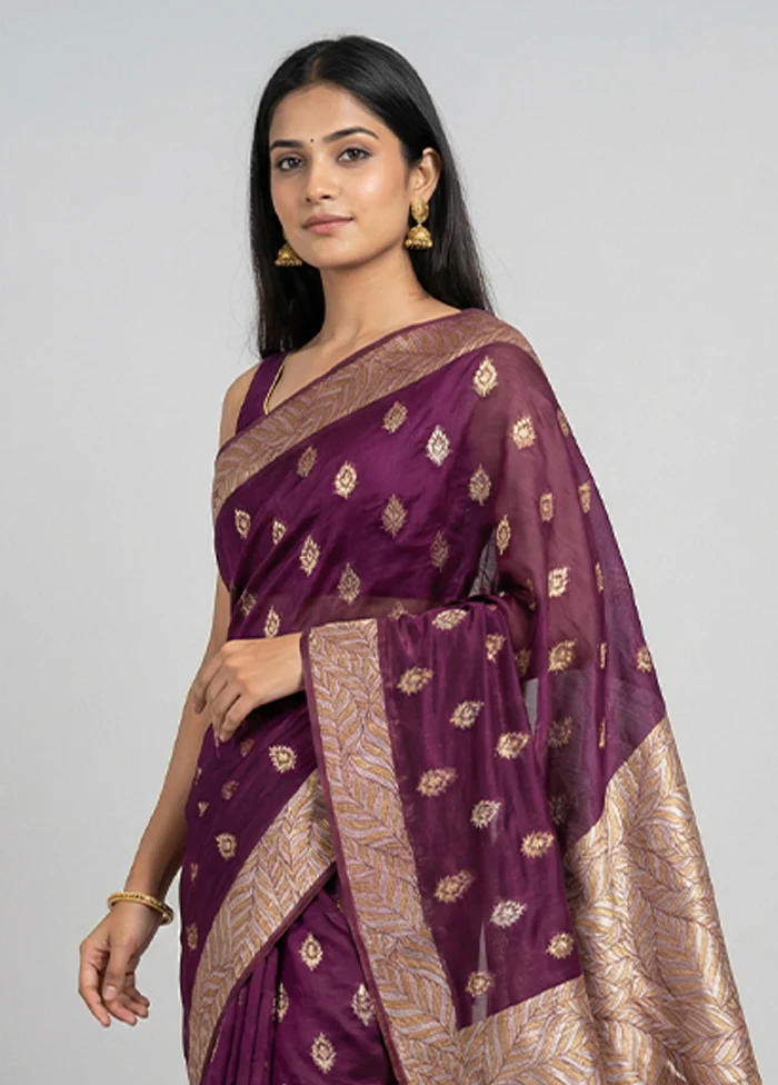 Purple Cotton Saree With Blouse Piece - Image 2