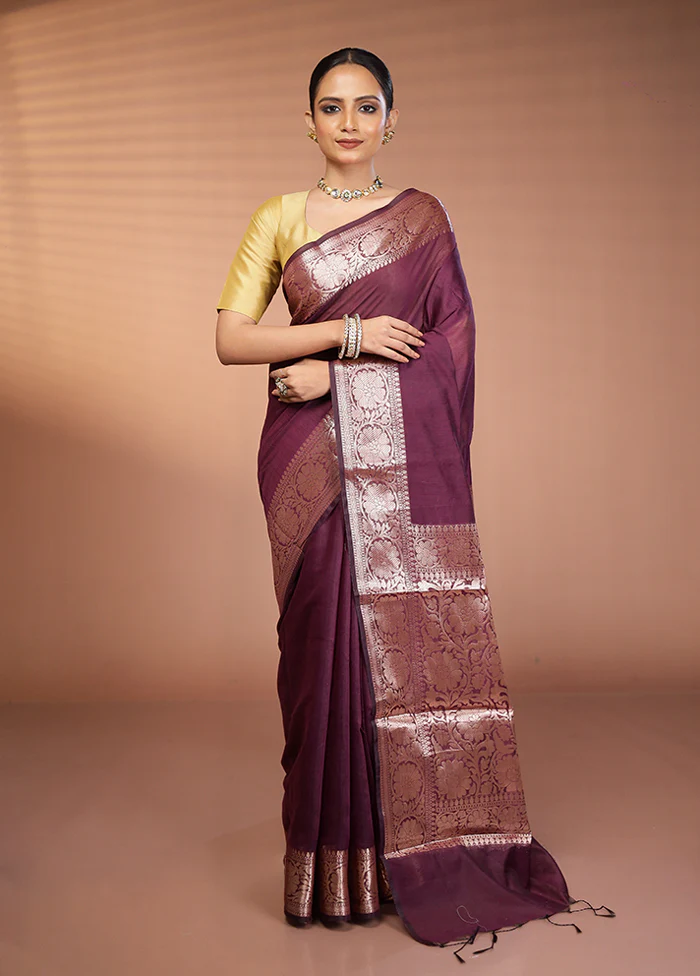 Purple Cotton Saree With Blouse Piece - Image 2