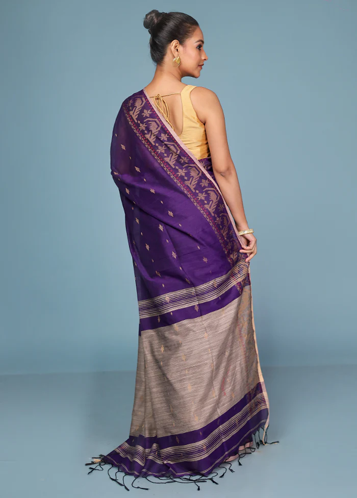 Purple Cotton Saree With Blouse Piece - Image 3