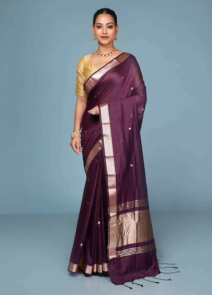 Purple Cotton Saree With Blouse Piece - Image 2