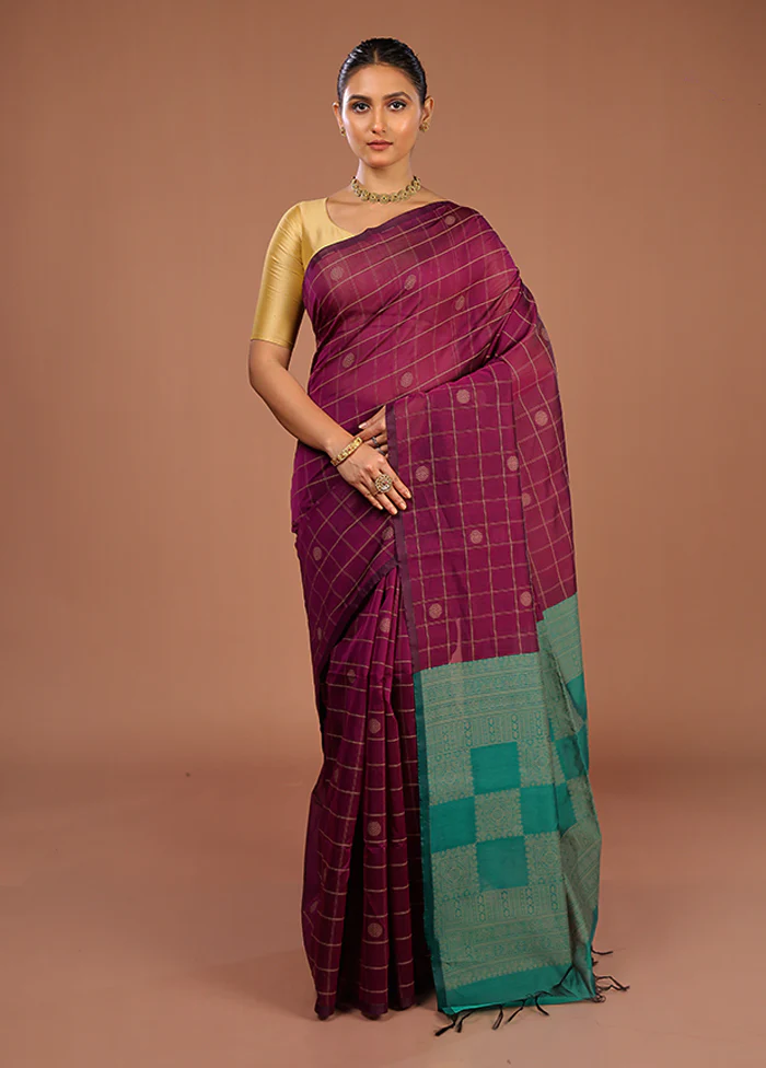 Purple Cotton Saree With Blouse Piece - Image 2