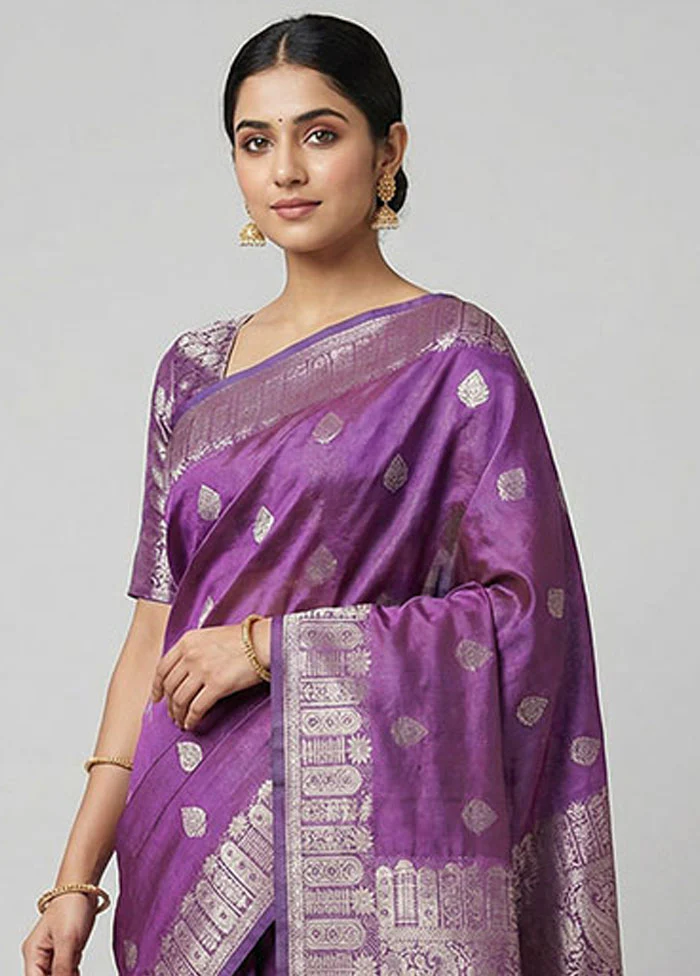 Purple Cotton Saree With Blouse Piece - Image 2