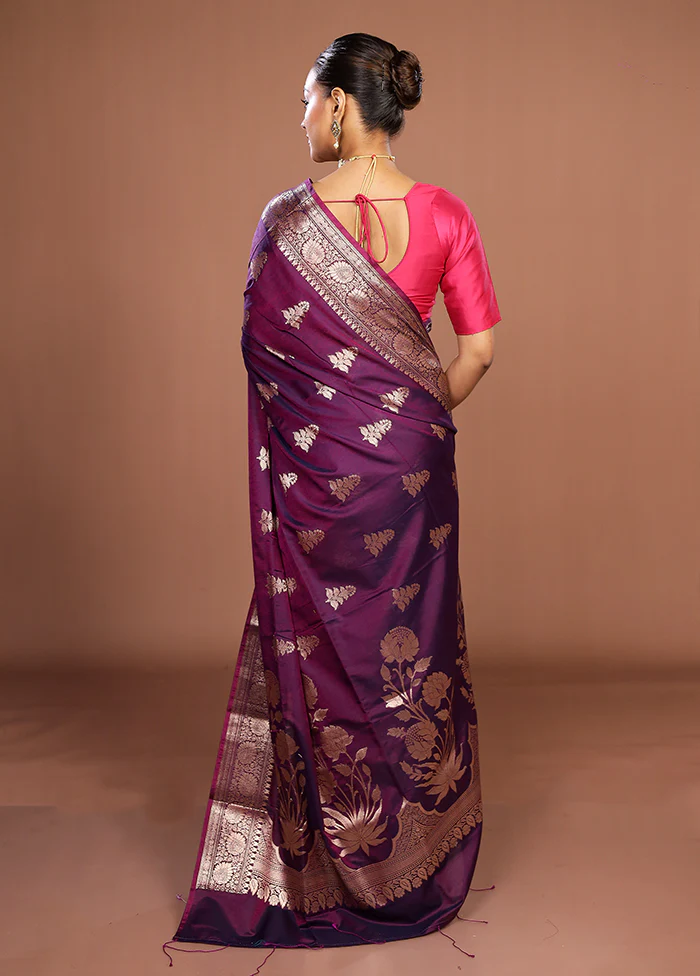 Purple Cotton Saree With Blouse Piece - Image 3