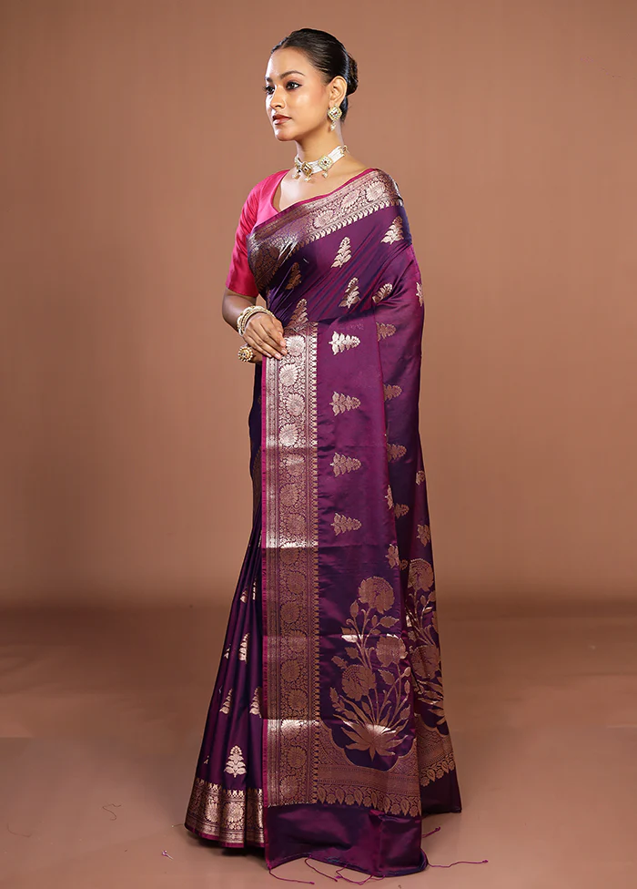 Purple Cotton Saree With Blouse Piece - Image 4