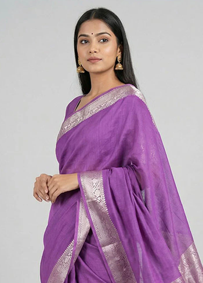 Purple Cotton Saree With Blouse Piece - Image 2