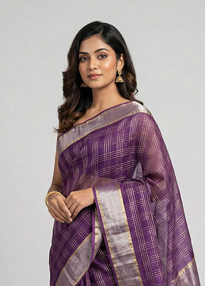 Purple Cotton Saree With Blouse Piece - Image 2
