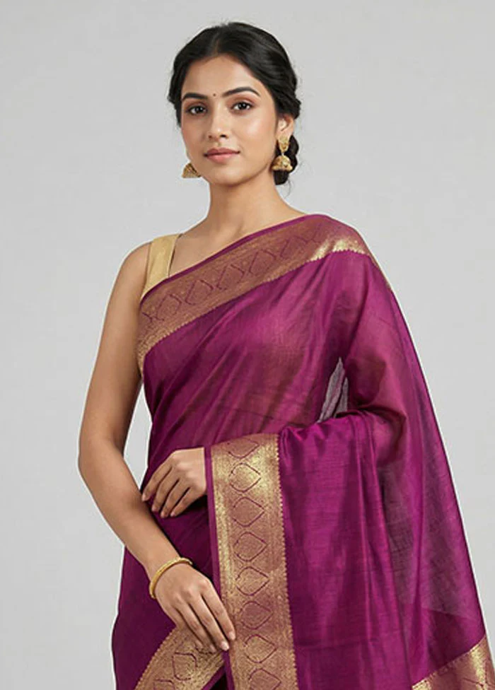 Purple Dupion Silk Saree With Blouse Piece - Image 2