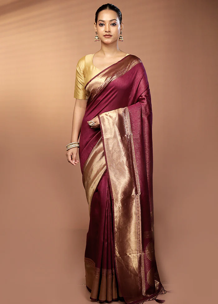 Maroon Dupion Silk Saree With Blouse Piece - Image 2