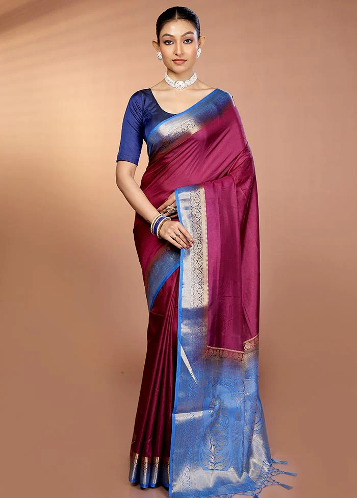 Purple Dupion Silk Saree With Blouse Piece - Image 2