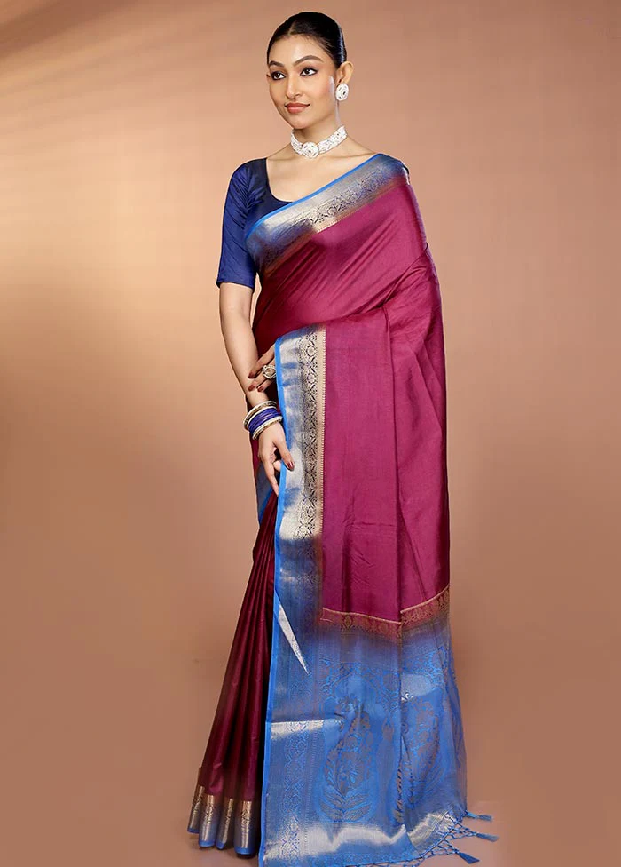 Purple Dupion Silk Saree With Blouse Piece - Image 4