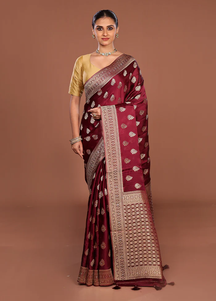 Maroon Dupion Silk Saree With Blouse Piece - Image 2