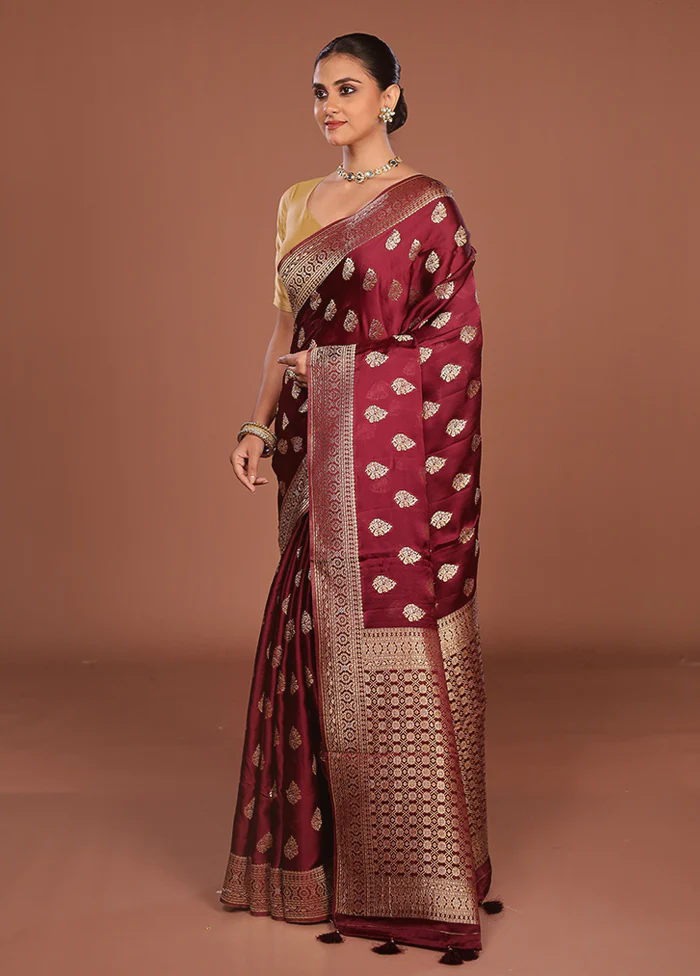 Maroon Dupion Silk Saree With Blouse Piece - Image 4