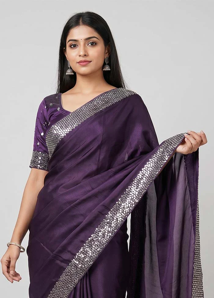 Purple Dupion Silk Saree With Blouse Piece - Image 2