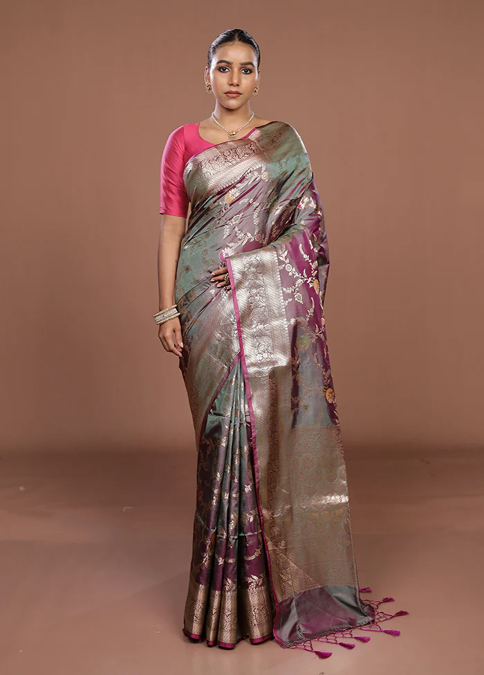 Purple Dupion Silk Saree With Blouse Piece - Image 2