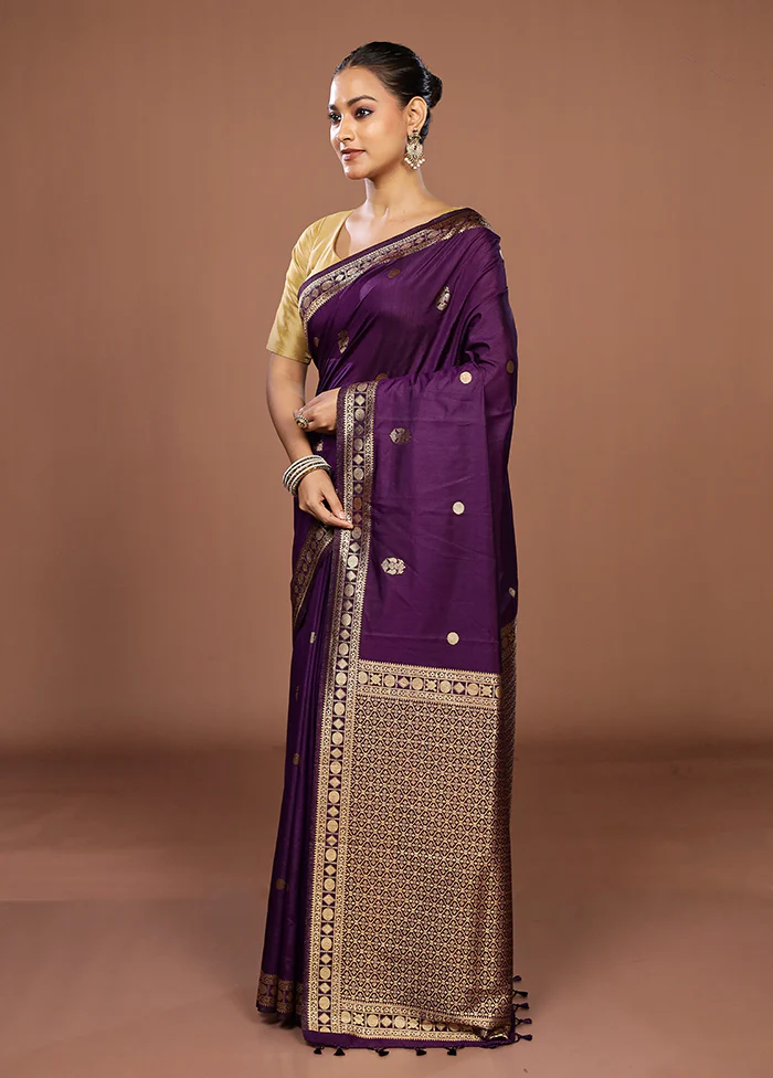 Purple Dupion Silk Saree With Blouse Piece - Image 4