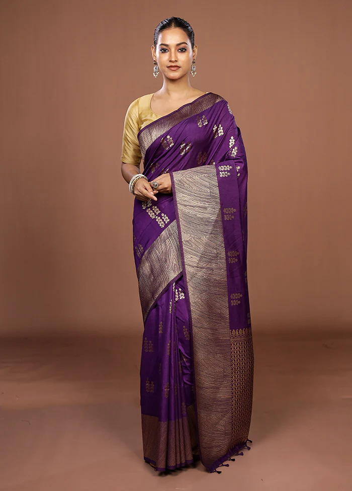 Purple Dupion Silk Saree With Blouse Piece - Image 2