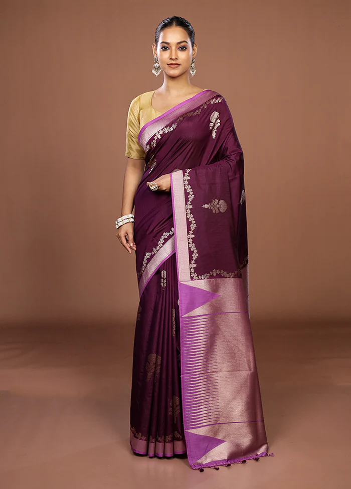 Purple Dupion Silk Saree With Blouse Piece - Image 2