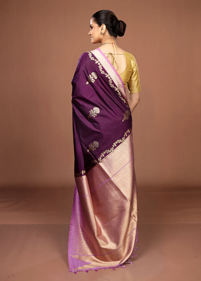 Purple Dupion Silk Saree With Blouse Piece - Image 3