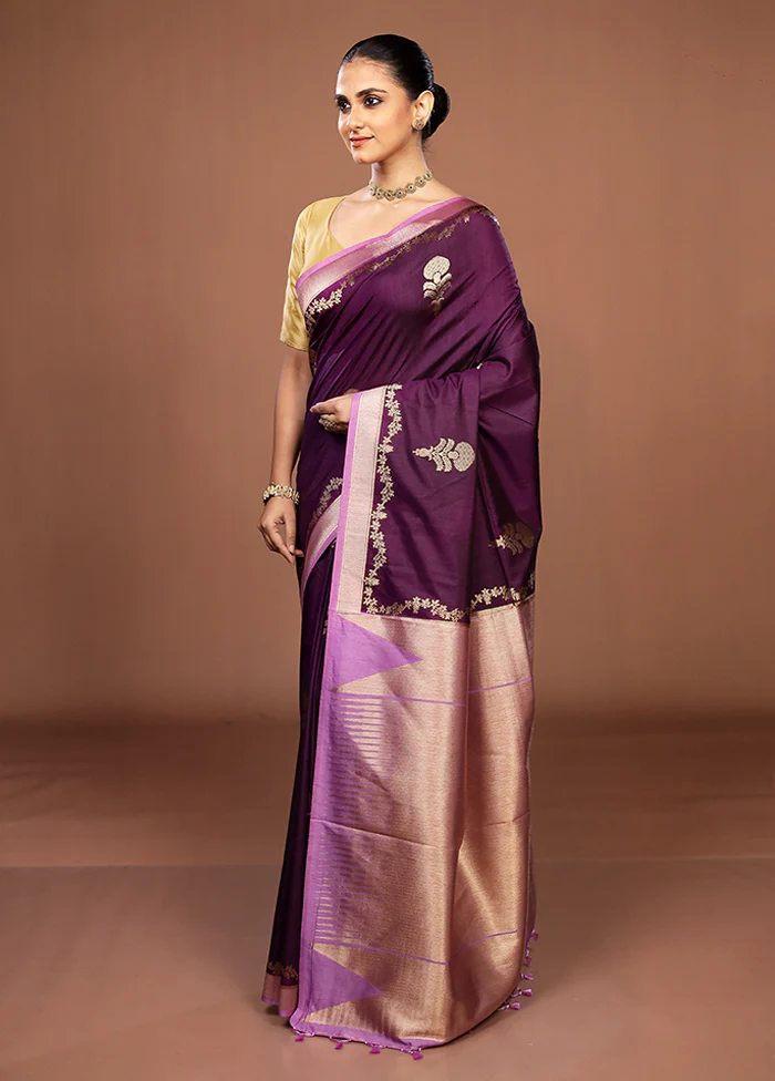 Purple Dupion Silk Saree With Blouse Piece - Image 4