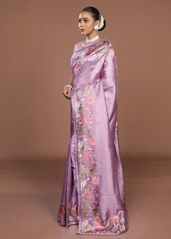 Purple Dupion Silk Saree With Blouse Piece - Image 4
