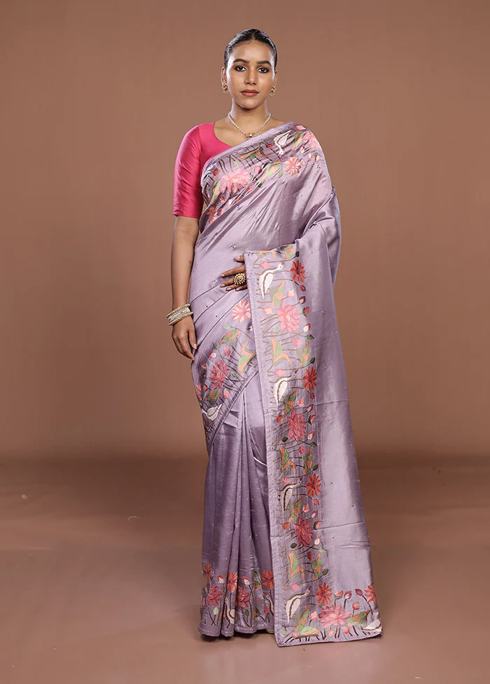 Purple Dupion Silk Saree With Blouse Piece - Image 2