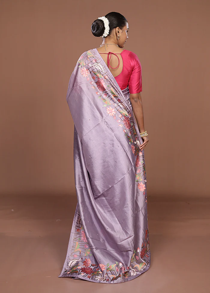Purple Dupion Silk Saree With Blouse Piece - Image 3