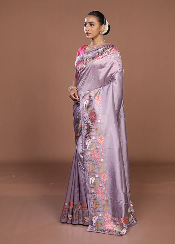 Purple Dupion Silk Saree With Blouse Piece - Image 4