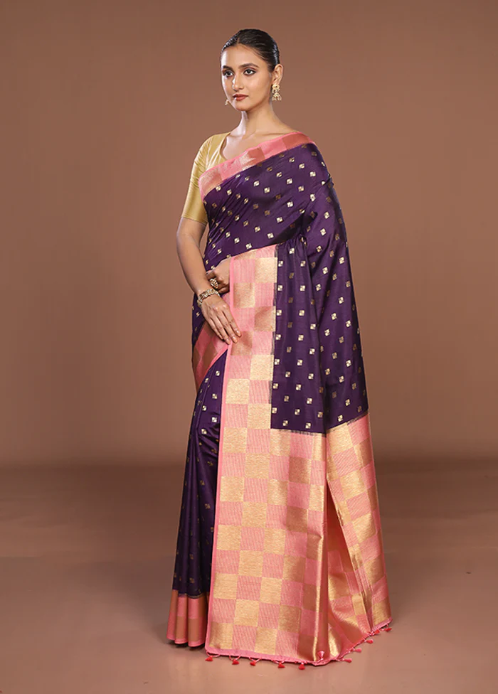 Purple Dupion Silk Saree With Blouse Piece - Image 4