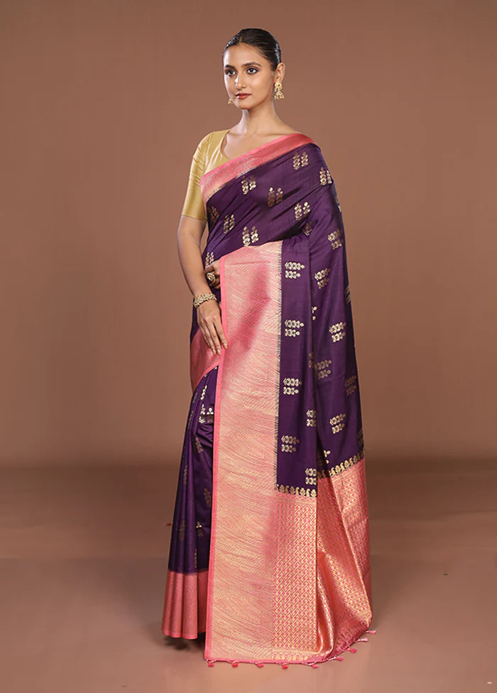 Purple Dupion Silk Saree With Blouse Piece - Image 4