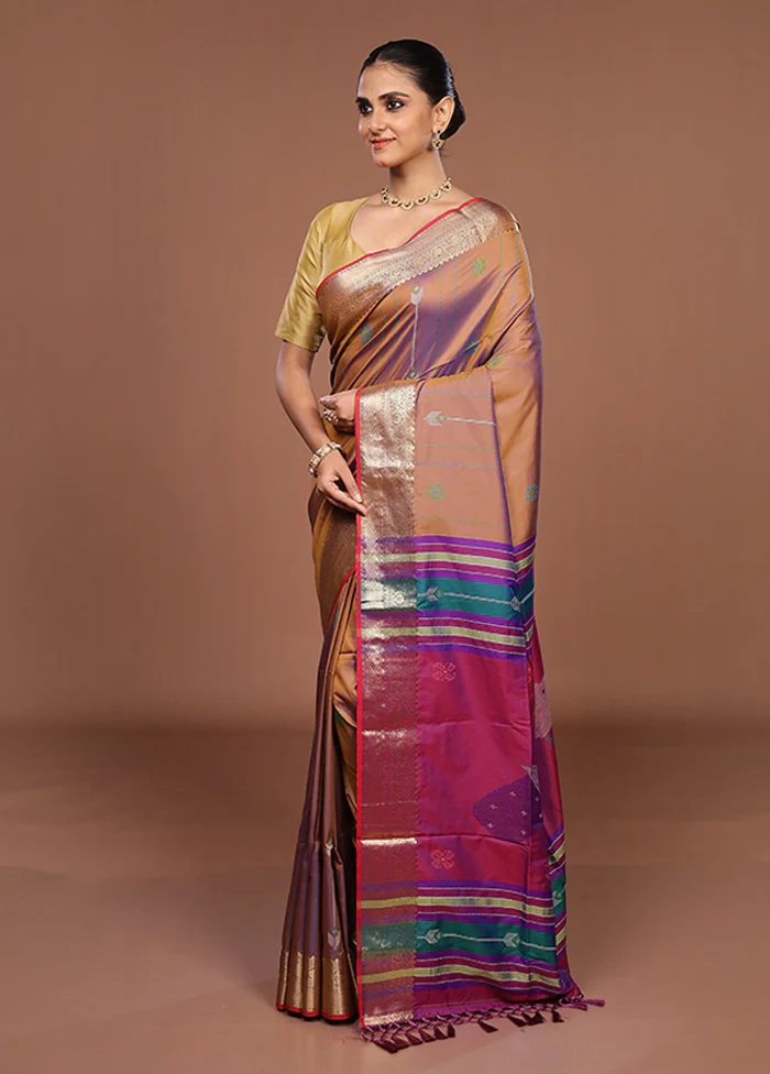 Brown Dupion Silk Saree With Blouse Piece - Image 4