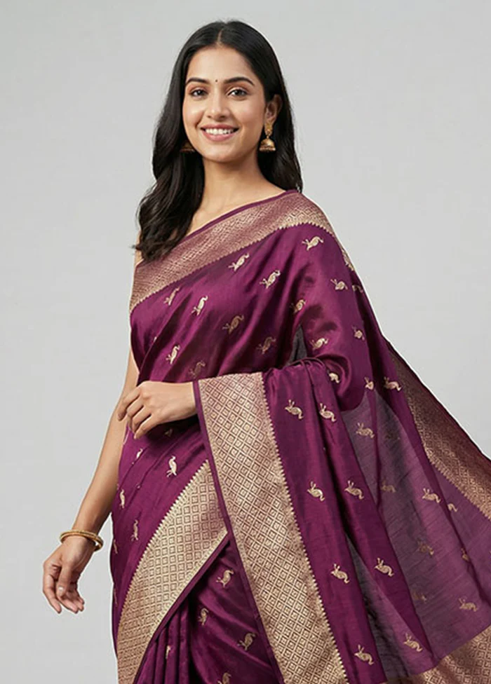 Purple Dupion Silk Saree With Blouse Piece - Image 2