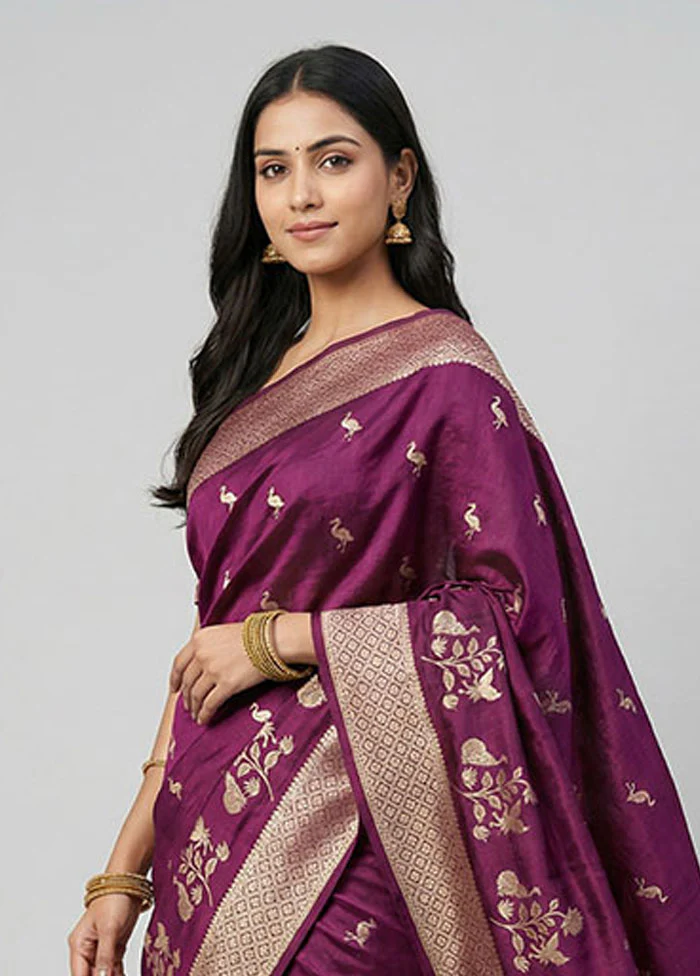Purple Dupion Silk Saree With Blouse Piece - Image 2