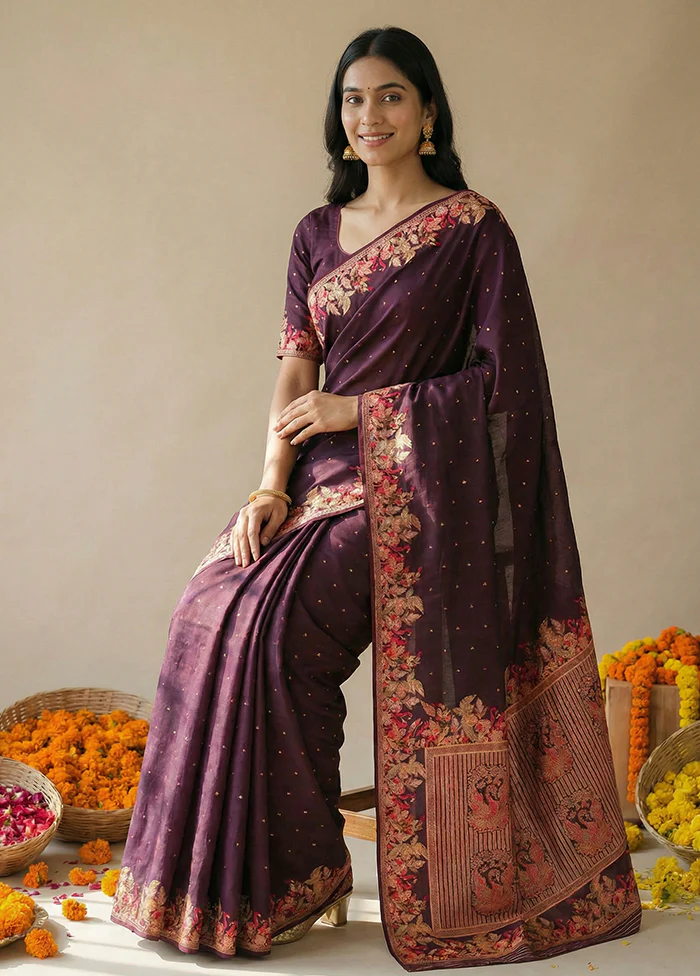 Purple Dupion Silk Saree With Blouse Piece - Image 3