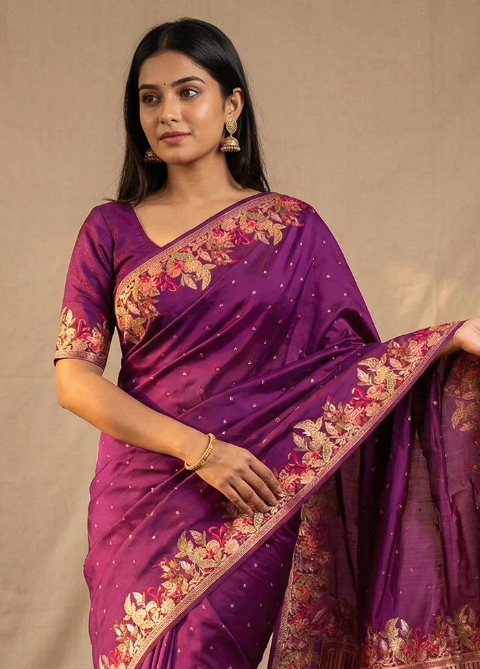 Purple Dupion Silk Saree With Blouse Piece - Image 2