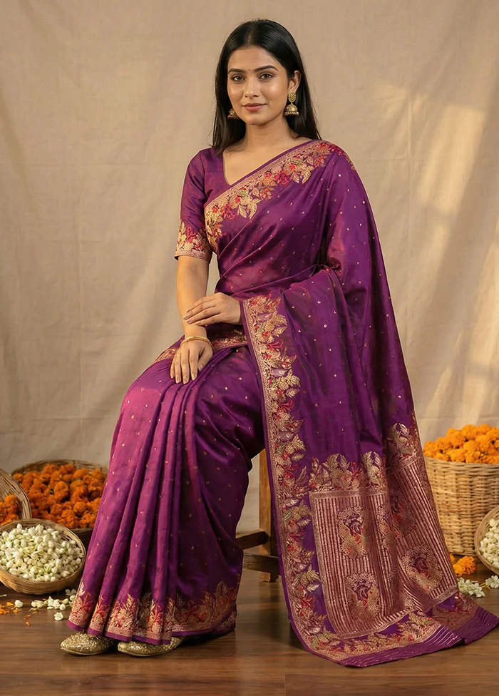Purple Dupion Silk Saree With Blouse Piece - Image 3