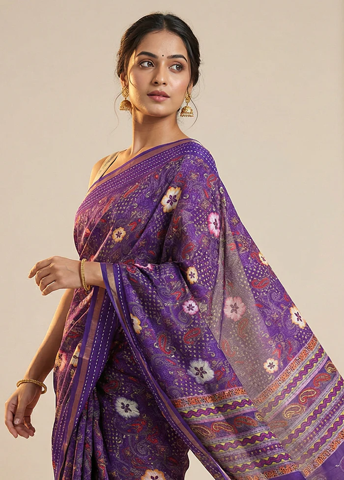 Purple Dupion Silk Saree With Blouse Piece - Image 2