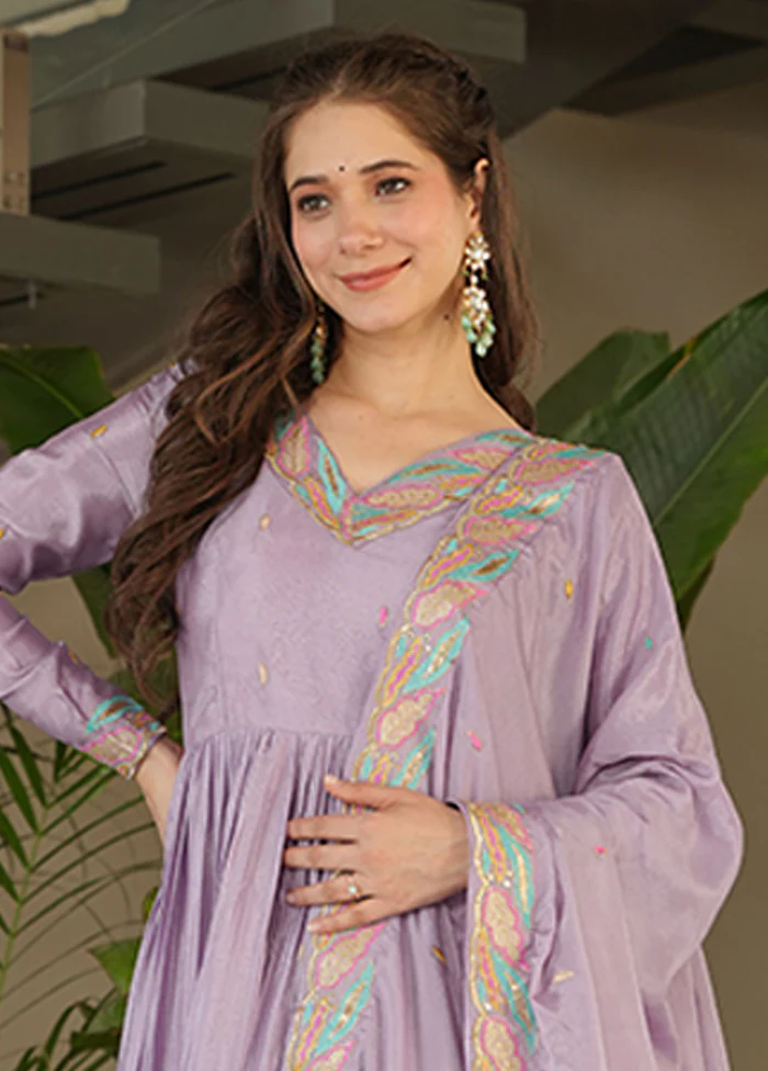 Purple Embroidery Work Silk Gown With Dupatta Set - Image 2