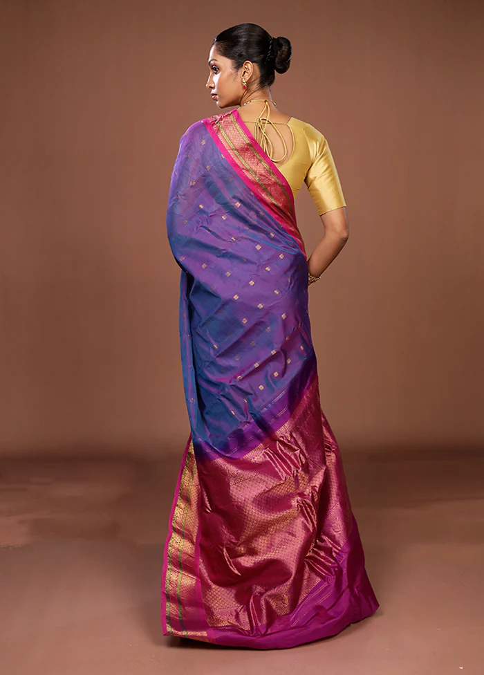 Purple Gadwal Pure Silk Saree Without Blouse Piece - Image 3