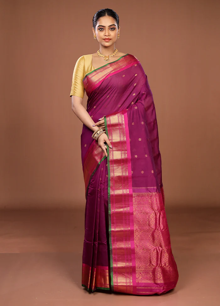 Purple Gadwal Pure Silk Saree Without Blouse Piece - Image 2
