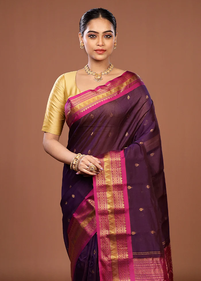 Purple Gadwal Pure Silk Saree Without Blouse Piece