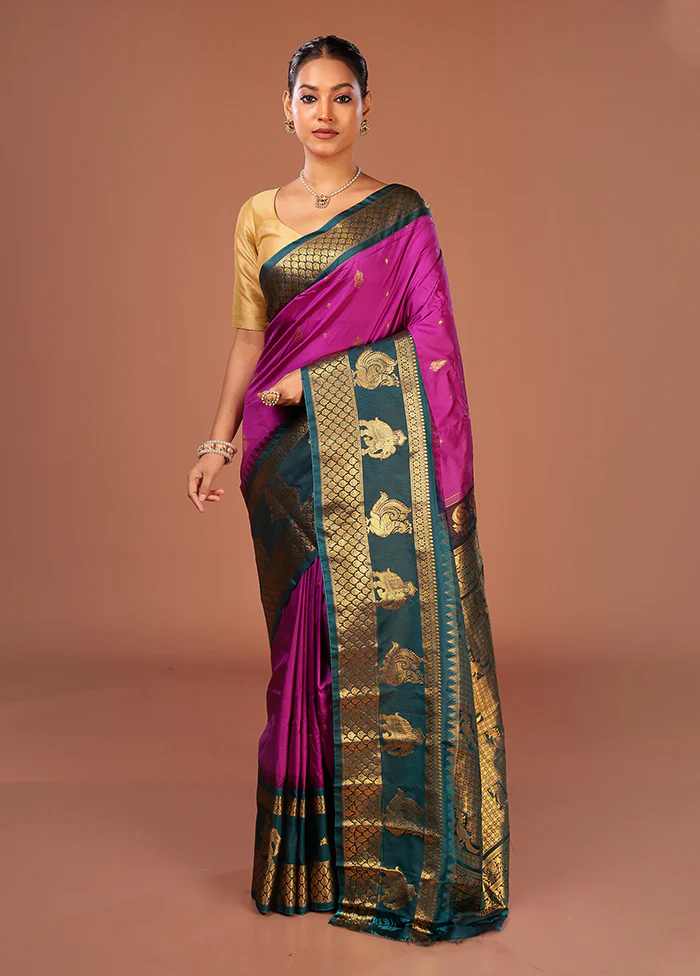 Purple Gadwal Silk Saree Without Blouse Piece - Image 2