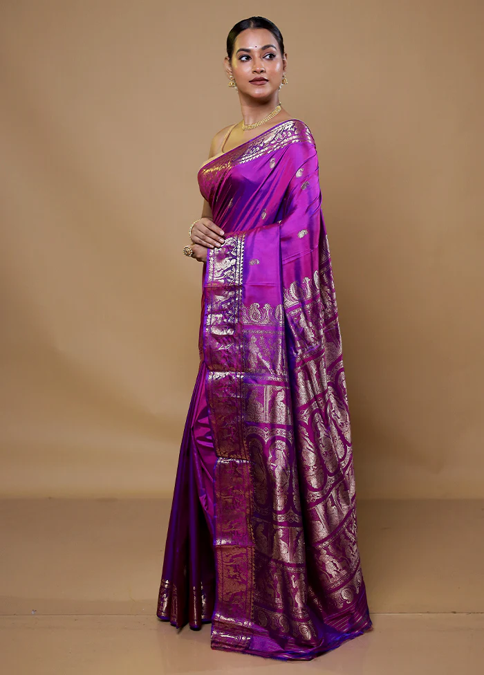 Purple Handloom Baluchari Pure Silk Saree With Blouse Piece - Image 4