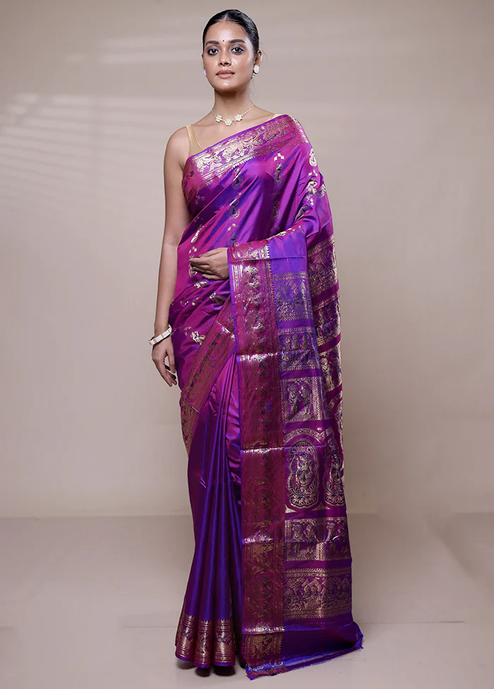 Purple Handloom Baluchari Pure Silk Saree With Blouse Piece - Image 2