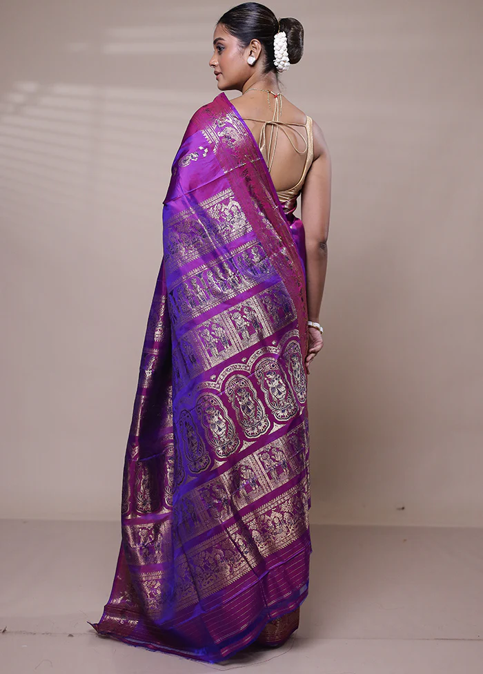 Purple Handloom Baluchari Pure Silk Saree With Blouse Piece - Image 3