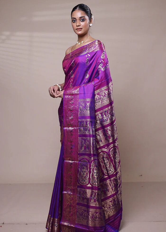 Purple Handloom Baluchari Pure Silk Saree With Blouse Piece - Image 4